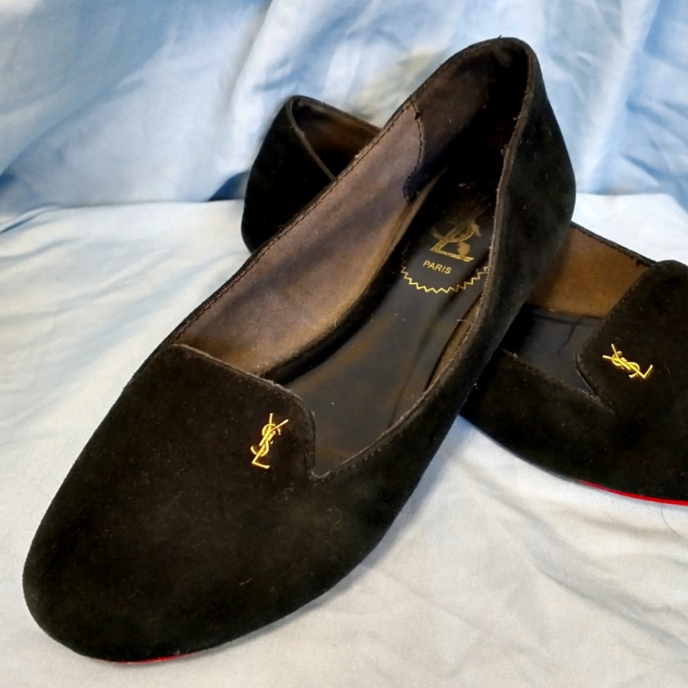 YSL Yves Saint Laurent Black Suede Shoes.(Size 37) Made in Italy. Gold-tone Logo - Picture 1 of 14